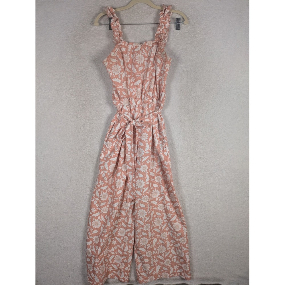 LOFT Jumpsuit Women's M Peach Floral Ruffle Strap Wide Leg Tie Waist